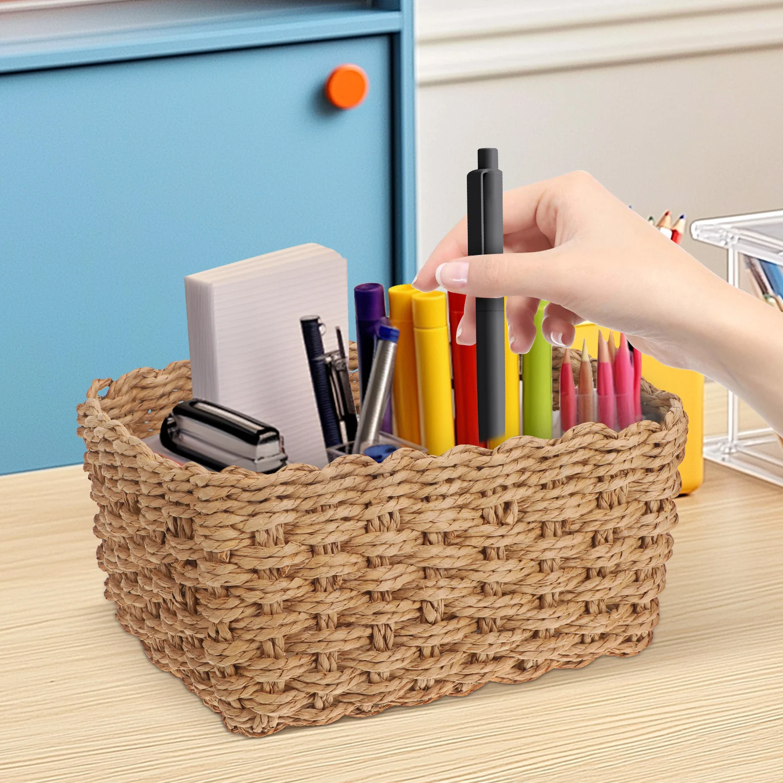 

5 pcs Woven Storage Baskets Set Natural Handmade Seagrass Organizer For Desktop Sundries Home Office Tabletop Clutter