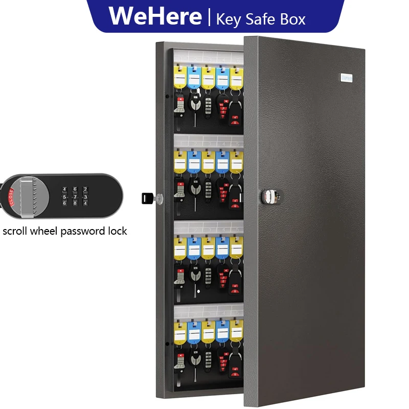 WeHere Key Lock Box Wall Mount(96 Keys),Key Cabinet Security Combination Lockbox with Key Tags,Digital Code Key Storage Lockbox