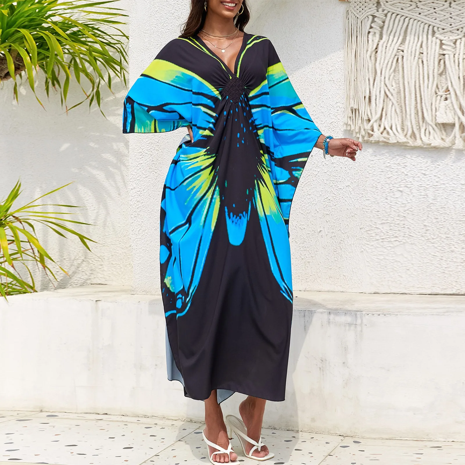 فساتين الشاطئ قفطان مطبوع على شكل فراشة للنساء رداء ماكسي للعطلات الصيفية لباس سباحة للعطلات ملابس سباحة للتستر