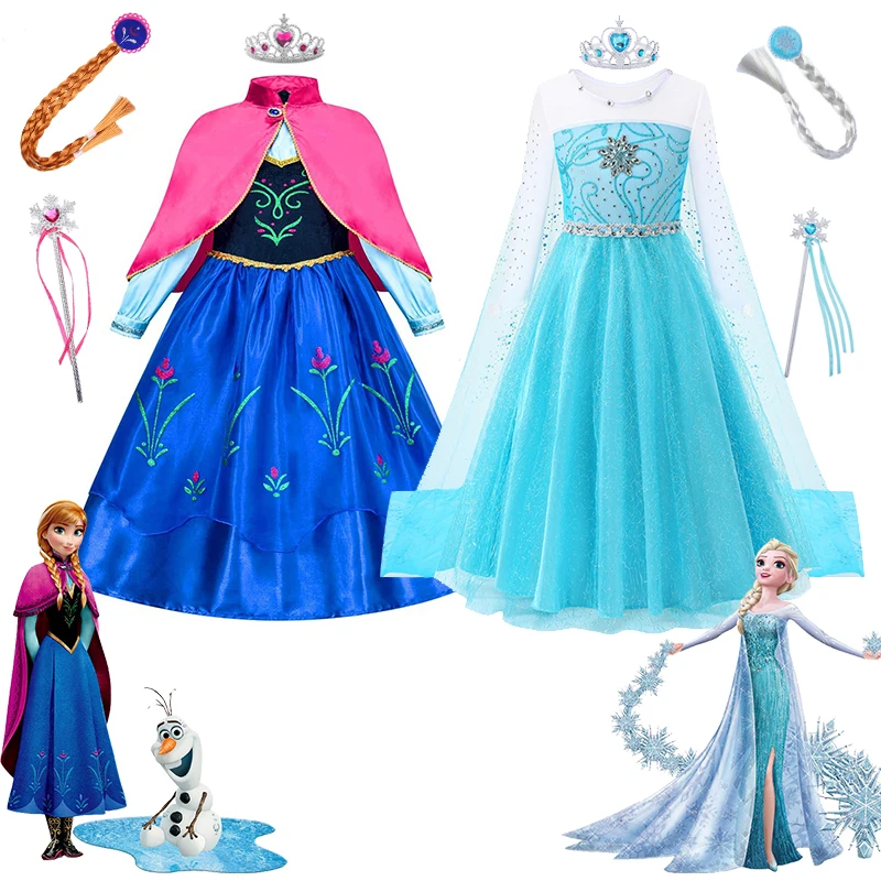 Disney Frozen Elsa Anna Princess Dresses Girls Mesh Sequin Dress Kids Cosplay Snow Queen Costumes Carnival Birthday Party Gowns