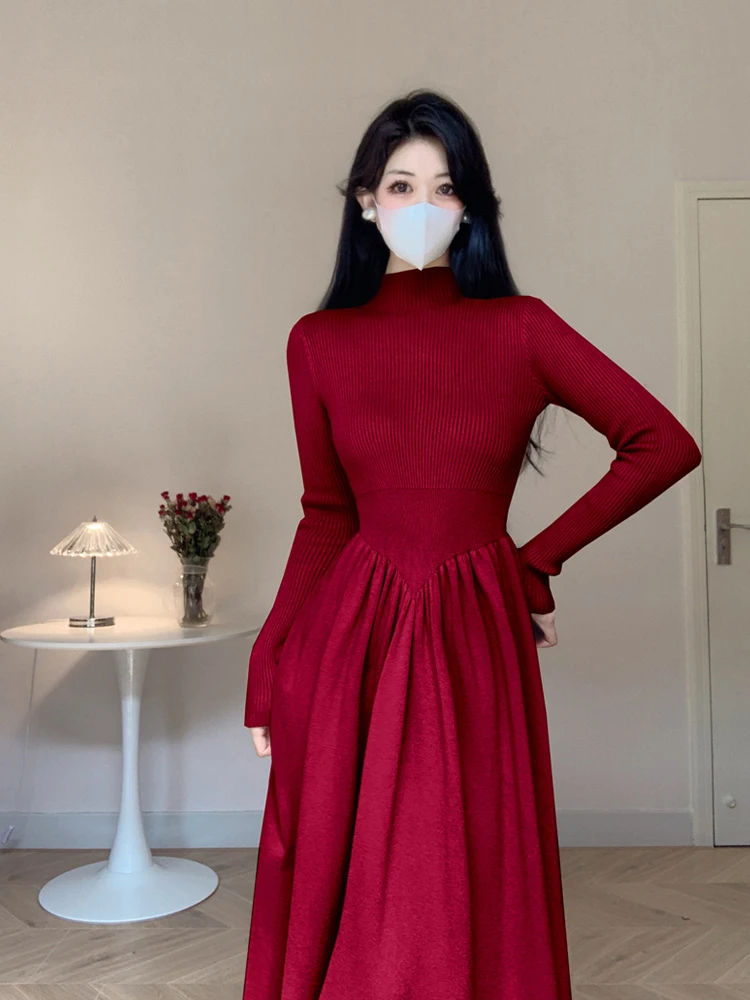 Women Half High Collar Advanced Sense Ruffles Dress Autumn Winter New Korean Slim Appear Thin Inner Layering Knitted Dress 2023