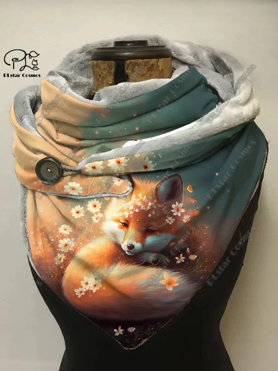 PLstar Cosmos 3D printed animal series cute fox pattern printed warm shawl scarf spring and winter small triangle scarf H-4