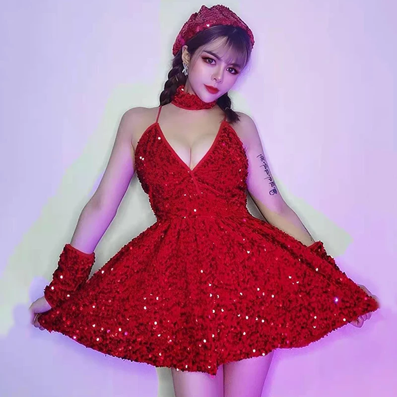 

New Sparkling Nightclub Singer Costumes Red Sequined Dresses For Women Birthday Celebrate Party Outfits Sexy Gogo Dj Wear Dress