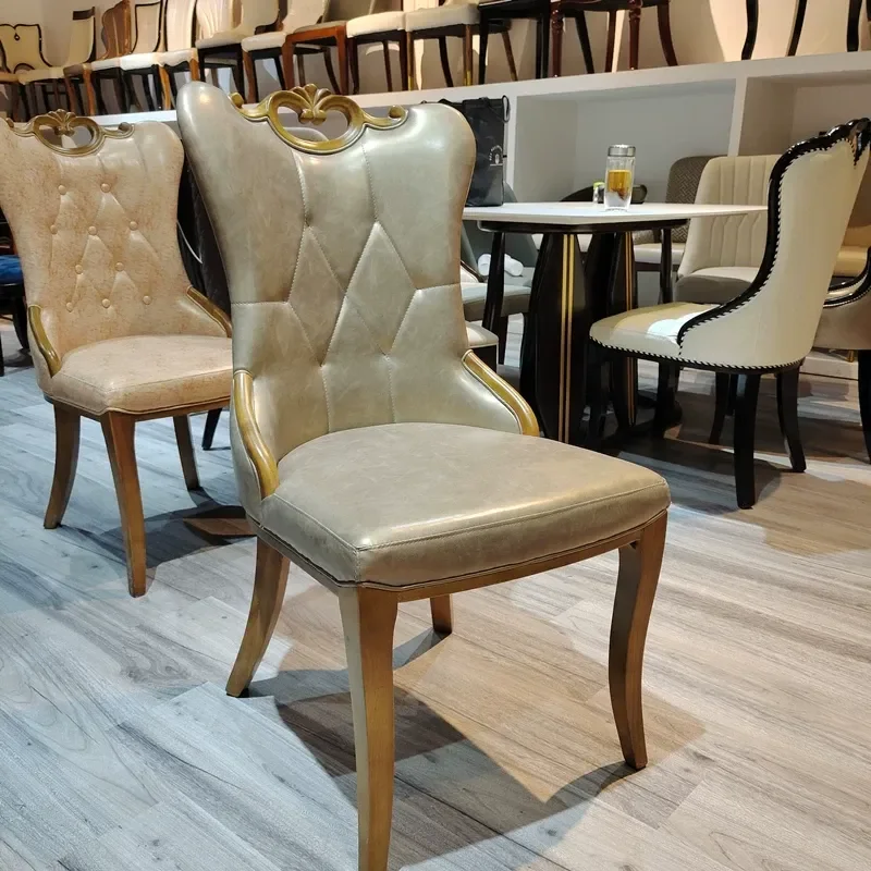European Style Carved Solid Wood Dining Chair Gray Leather Backrest Leisure Chair for Western Restaurant Hotel Private Room