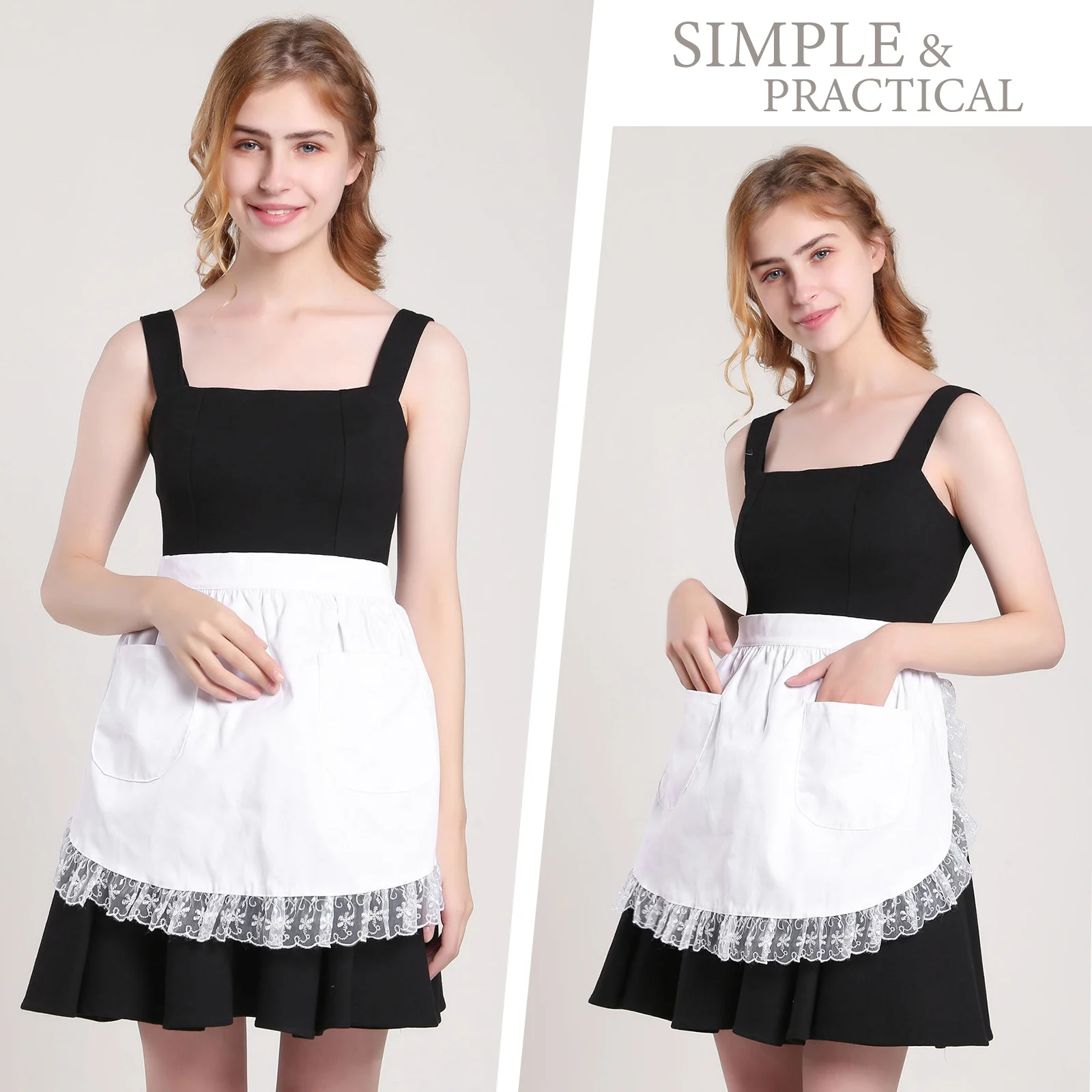 

Lace Trimmed Cotton Waist Apron Short Stain Resistant With Pockets For Maid Waitress Servant Hotel Restaurant Bakery White ()