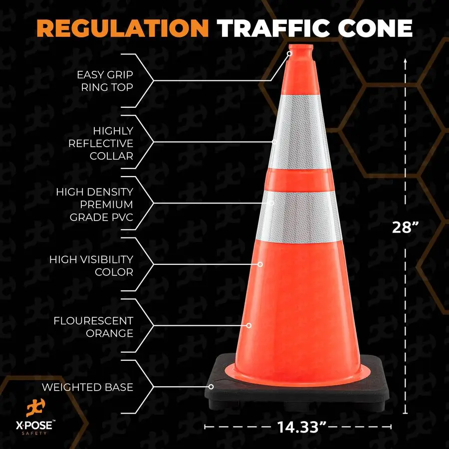 Cônes de sécurité orange de 28 pouces avec 6 ampères et 4 colliers, paquet de 6 cônes de sécurité polyvalents en plastique PVC pour le stationnement, le football et l'avertissement