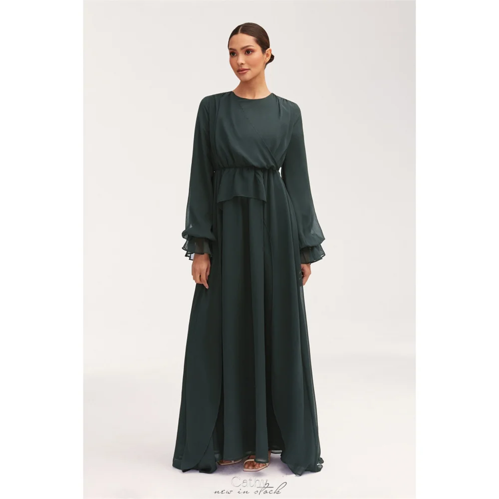 

Cathy Chiffon Lantern Long Sleeves Straight Muslim Prom Dress O-Neck Customized vestidos de noiva Floor-length Evening Dresses
