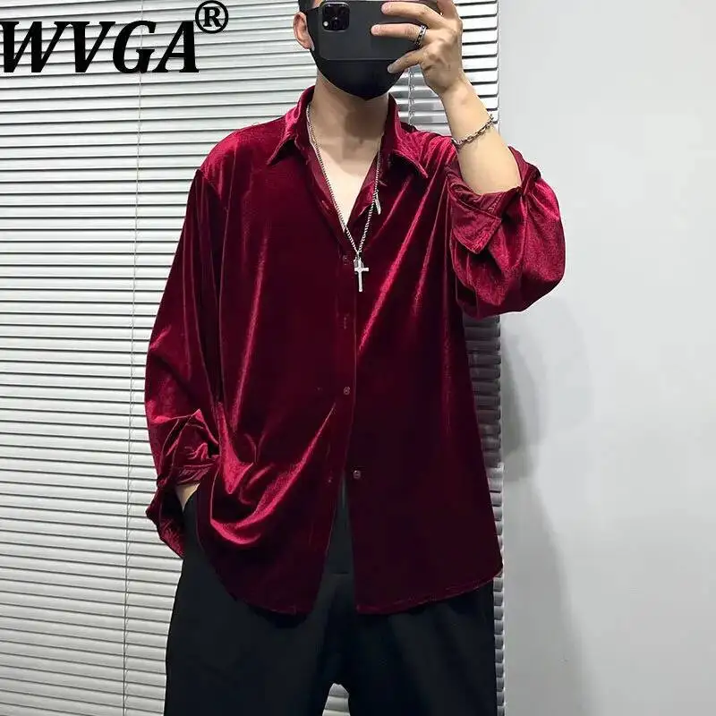 

WVGA Men's Spring Autumn New Velvet Draped Long Sleeve Shirts Original Design High-end Wrinkle-free Light Luxury Tops Ins W23108