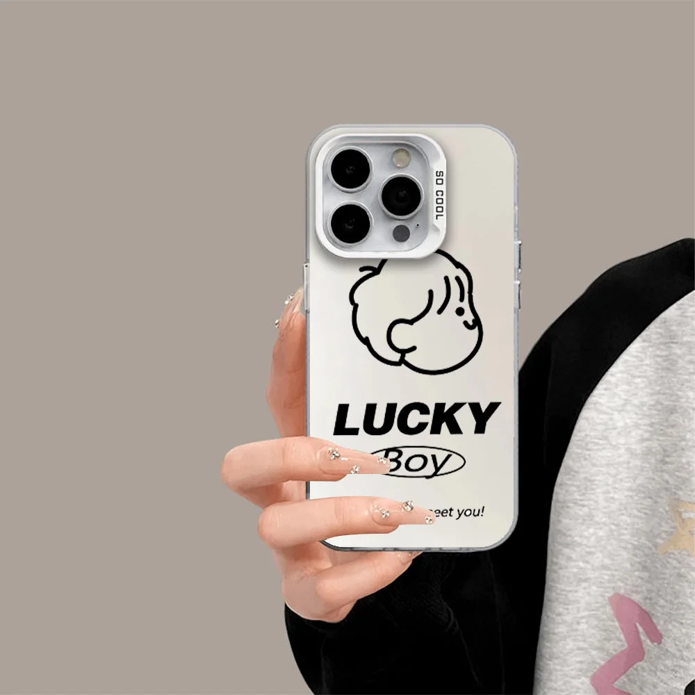 Fashion Double Ponytail Girl Boy Sketch Couple Ins Phone Case for IPhone 11 13 15 16 Max Pro Plus Laser Cover