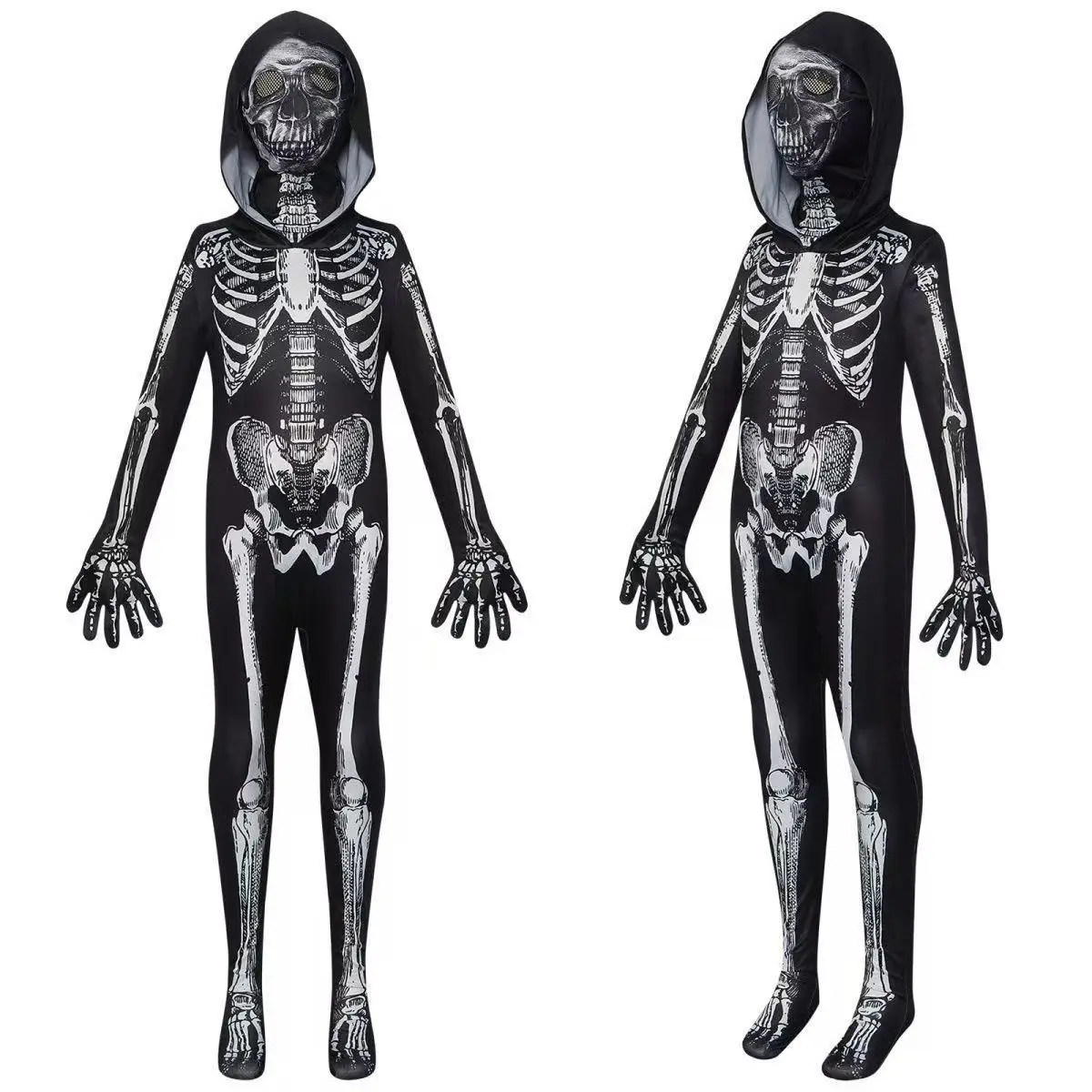 Halloween Costume Skeleton Tight Fitting Costume Ghost Cosplay Hooded Jumpsuit Children's Boy Girl Horror Makeup Ball Party Cos