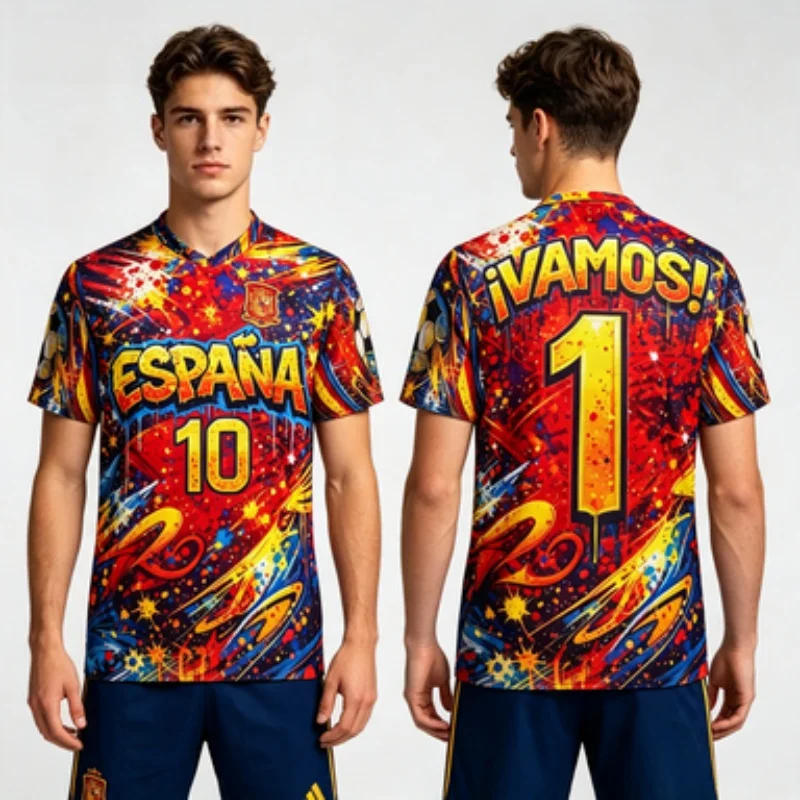 New 3D Espana Graffiti Soccer Jersey Full Print T-Shirt VAMOS No.10  Breathable Football Fan Short Sleeve Family Matching Top