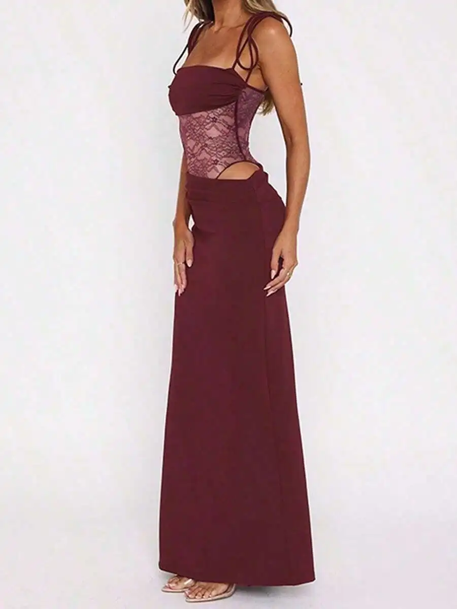 

Women's Burgundy Lace-Panel Maxi Dress with Cut-Outs and Adjustable Straps