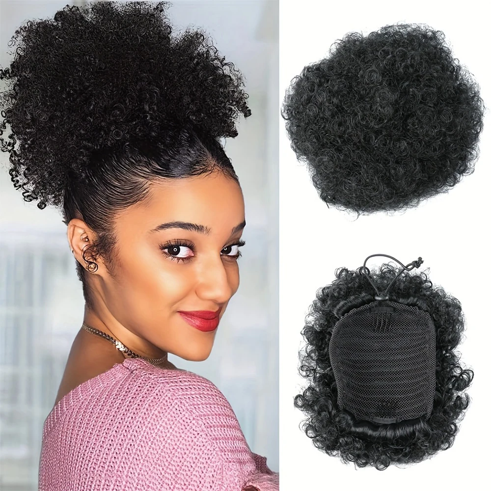 

1PC Synthetic Short Kinky Curly Afro Puff Drawstring Hair Buns Chignon Clip in Updo Ponytail Extension for Black Women Hairpiece