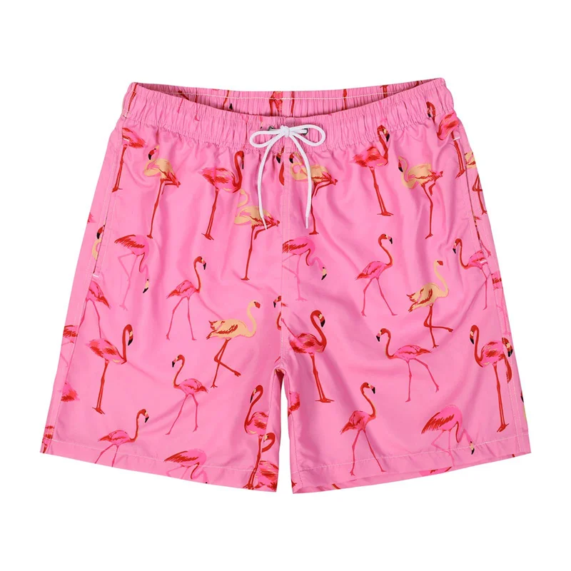 

Hawaiian Beach Shorts with Flamingo Plant Pink for Men, Summer Outdoor Sports Shorts, Surfboard, Quick Drying Swimsuit