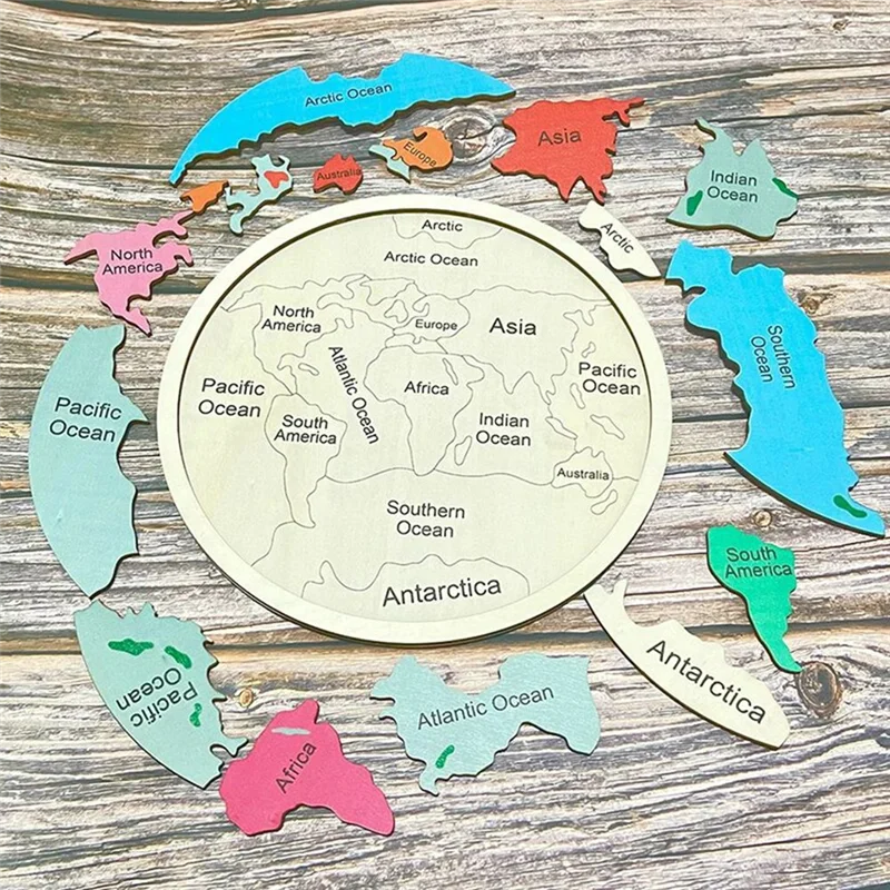 AS96-Montessori خشبية خريطة العالم لغز للأطفال 3-6 التعلم الجغرافي التفاعلي مع القارات المحيطات بانوراما خشبية