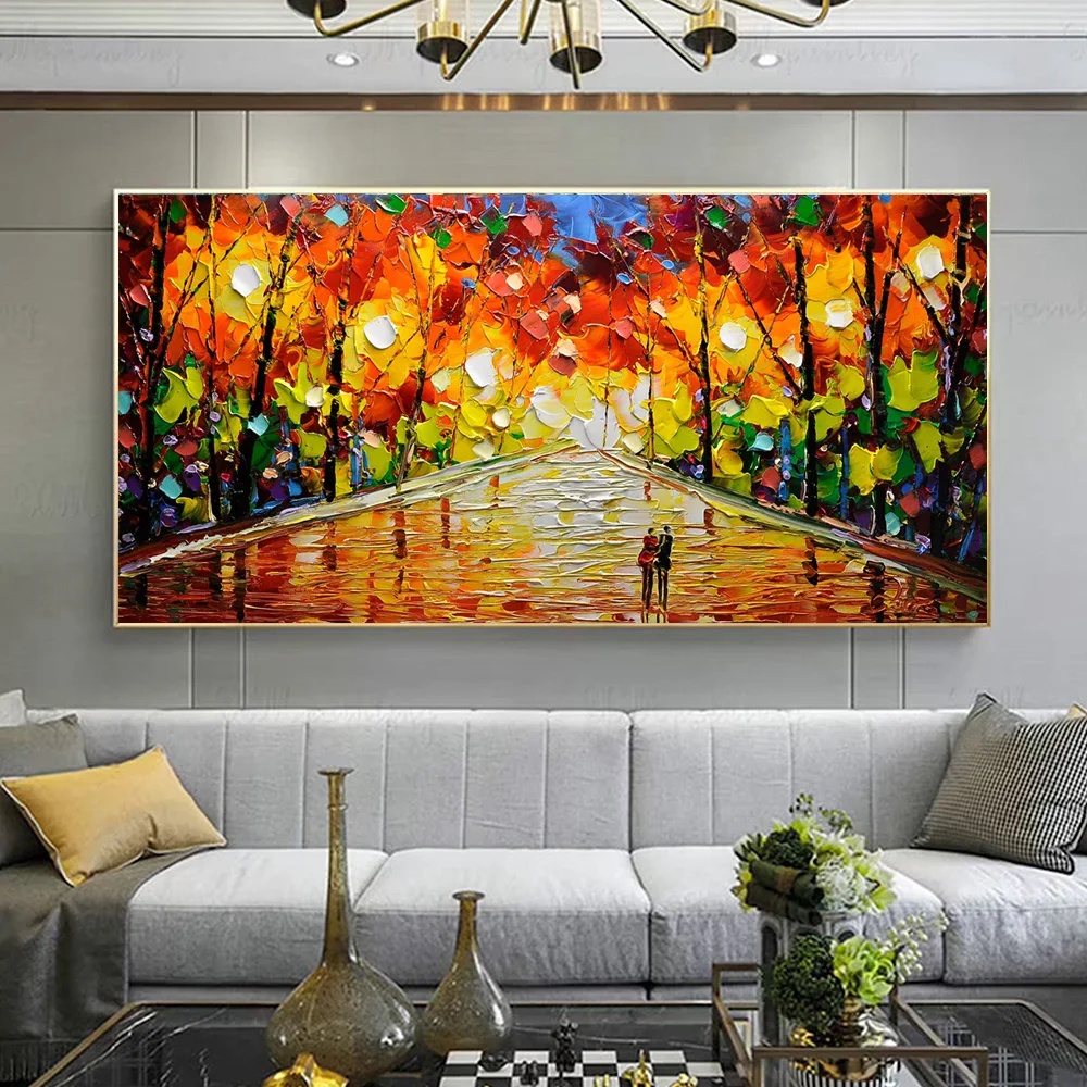 Abstract 3D Texture Colorful Tree Park Scenery Poster Print Romantic Couple Park Walk Canvas Painting Sofa Background Home Decor