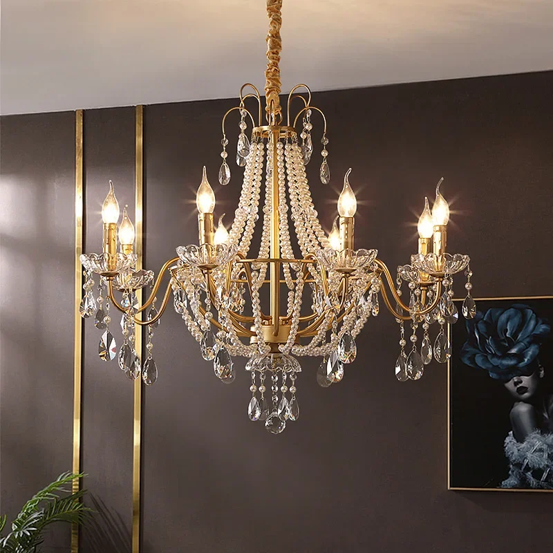 American Crystal Lamp French Retro Style Pearl Chandelier Middle Villa For Living Room Dining Room Bedroom Duplex Chandelier