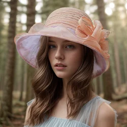 Ladies Fascinators Millinery Hat Church Wide Brim Bucket Hats Kentucky Derby Fedora Women Summer Beach Foldable Sun Cap