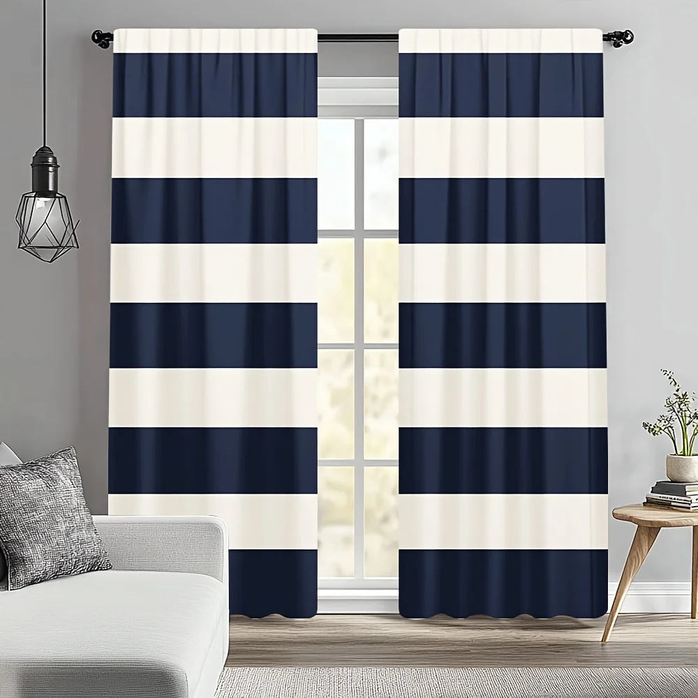 Marine stripe printed curtain, featuring blue and horizontal stripes, machine washable, suitable for living room bedroom kitchen