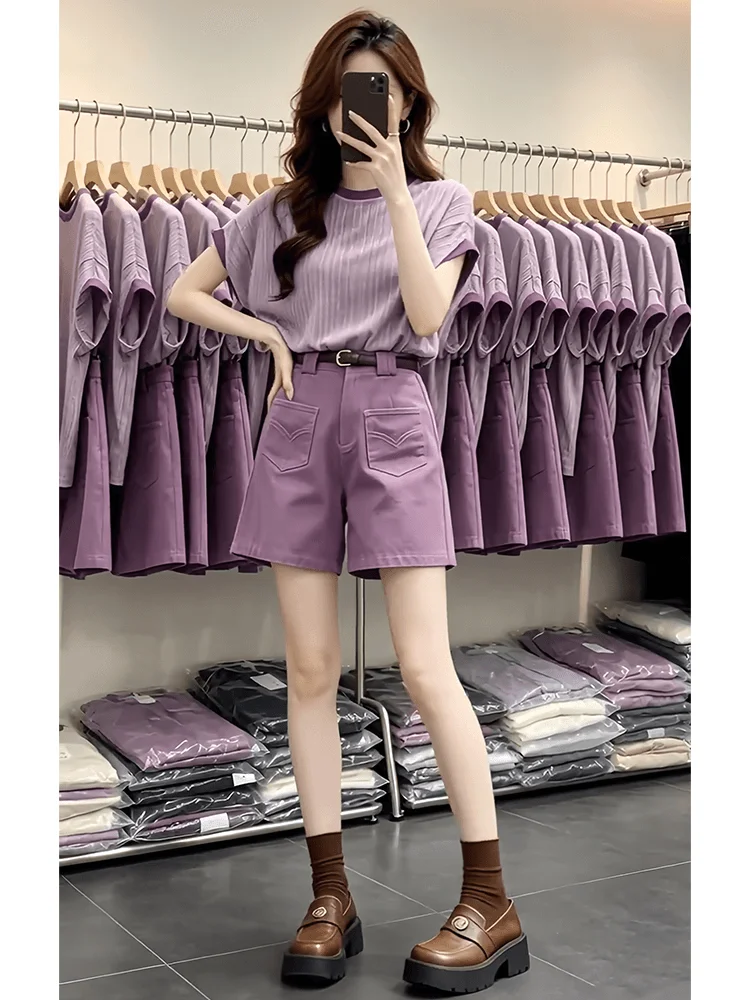 

Stylish Short Shorts Set Women's Fashionable Cute Casual Summer Outfit High Waist round Neck T-Shirt Breathable Polyester Fiber