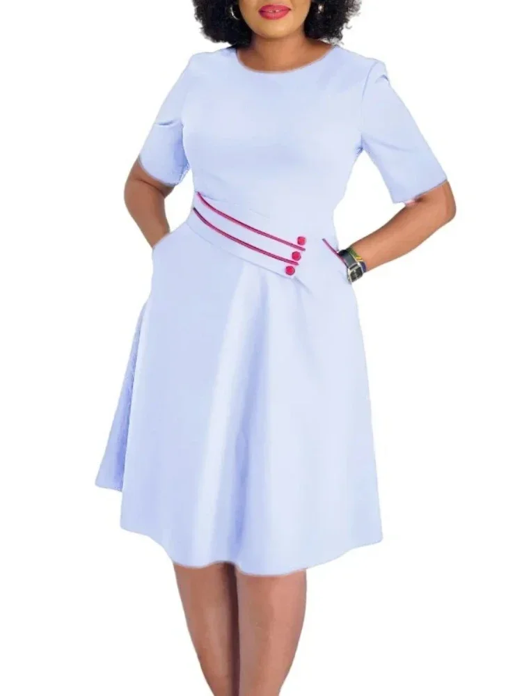 Vestido Dashiki africano elegante para mujer, verano 2025, cintura alta, Midi, cuello redondo, manga corta, poliéster, S-3XL, ropa de moda