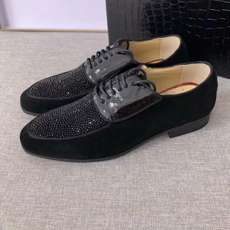 Italy Black Men Dress Shoes High Quality Fashion Rhinestone Shoes Oxfords Formal Shoes Luxury Designer Suede Shoes