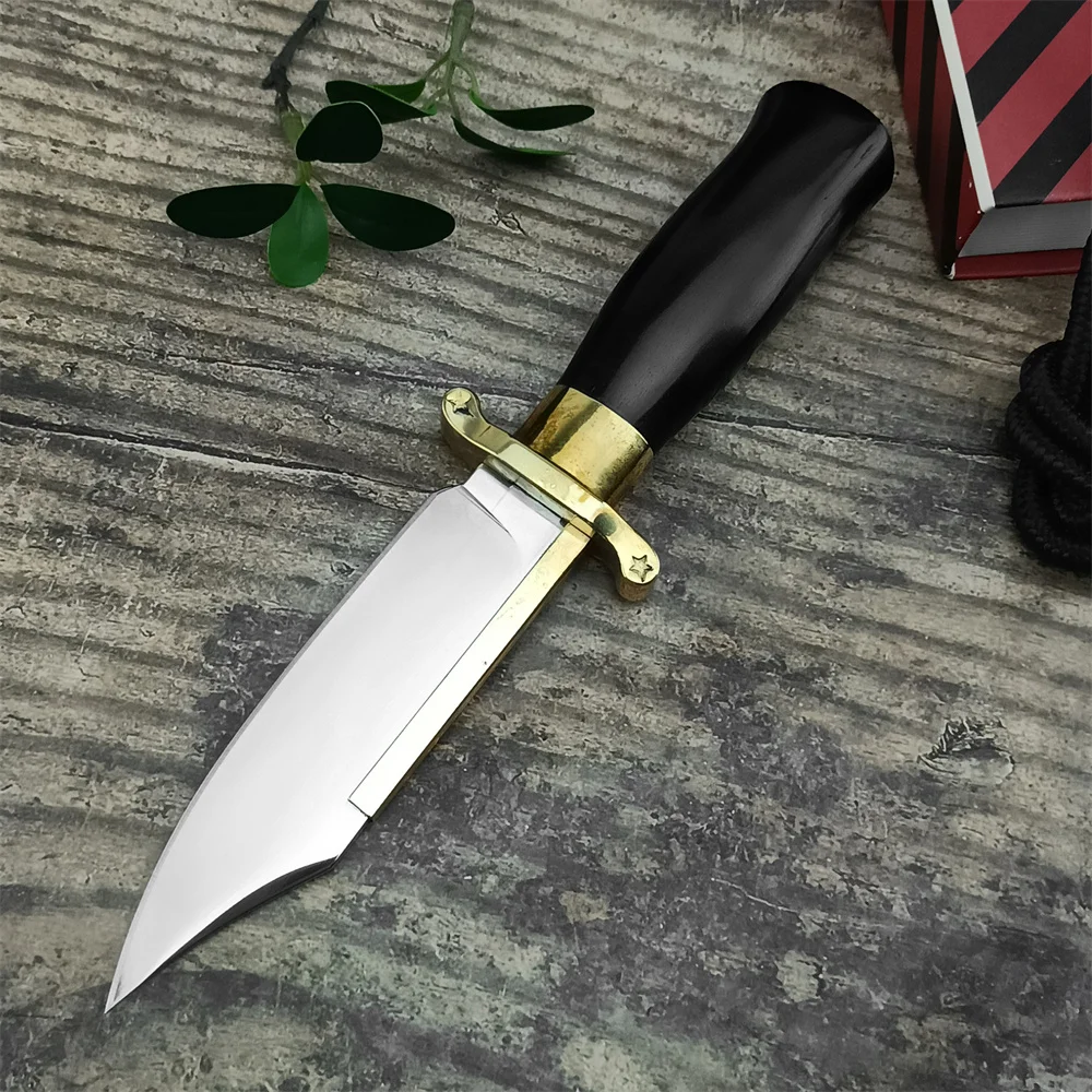 High Quality Gold Back Fixed Blade D2 Knife Blade Ebony & Brass Handle Outdoor Knife Tactical Survival Military EDC Tools Gift