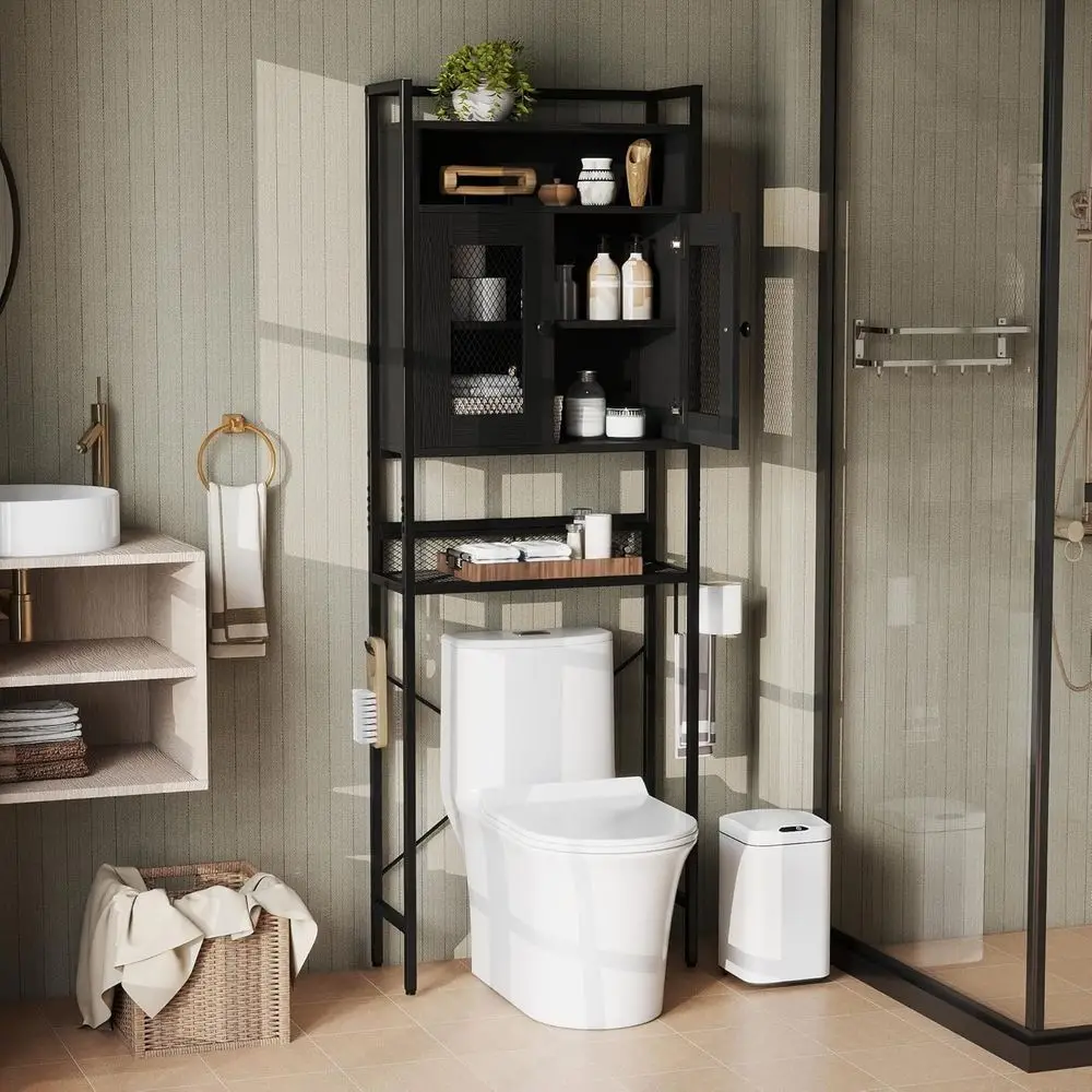 

5-Tier Over Toilet Storage Cabinet with Metal Stand, Mesh Doors, Toilet Paper Holder & Hooks, Black