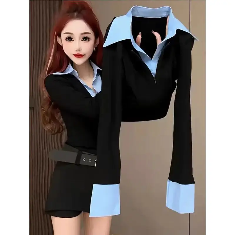 

Весенне-осенняя новая контрастная лоскутная корейская блузка из двух предметов с длинным рукавом, офисная рубашка, топы, модная элегантная женская одежда