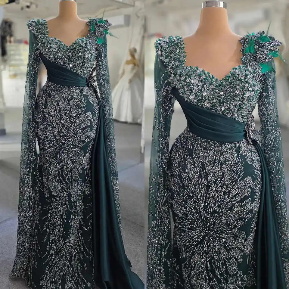 

Exquisite Mermaid Customized Evening Dresses Long Sleeve Tailing Prom Gowns Crystals Beadeds Special Occasion Dresses