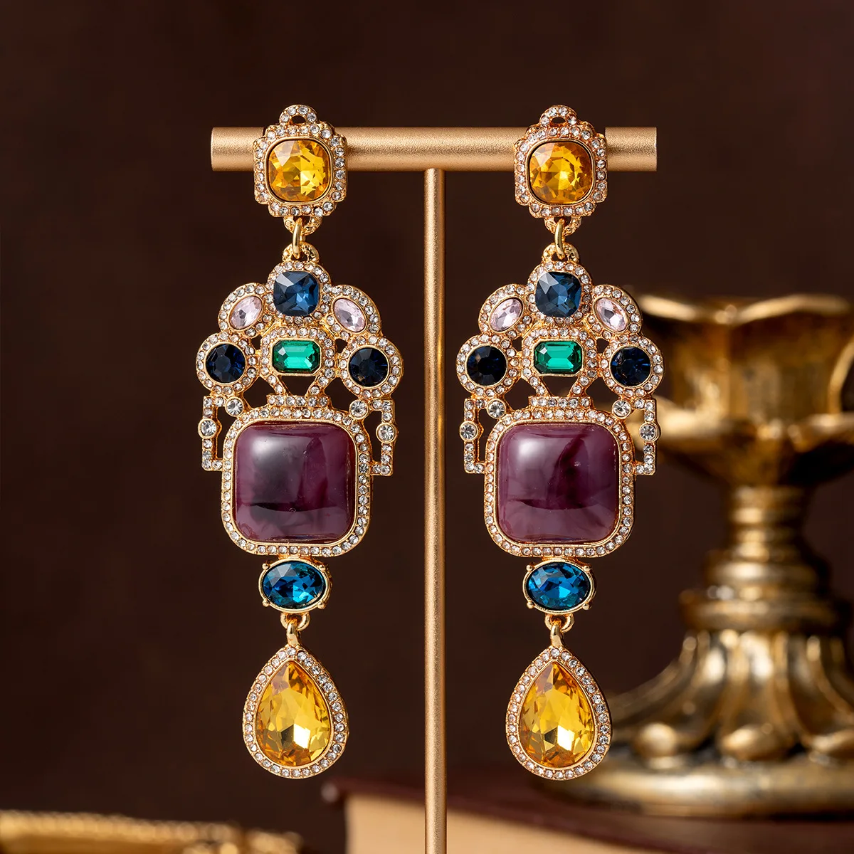 vintage inlaid colored diamond drop earrings temperament palace style stud earrings medieval earrings for women