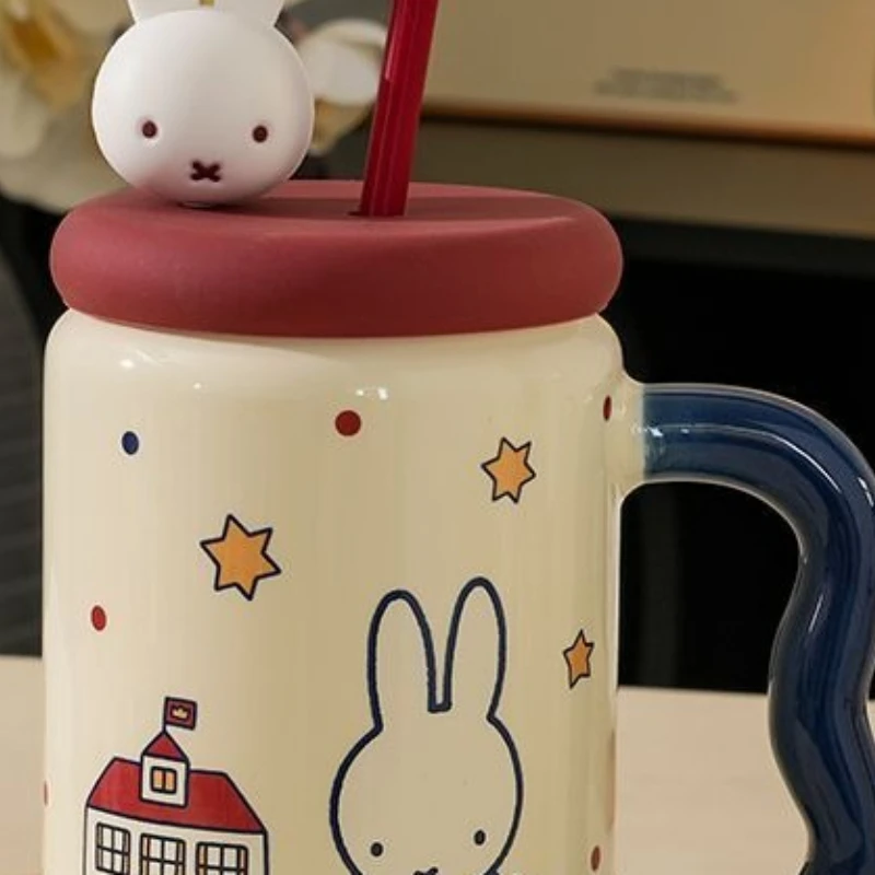 Cartoon Kawaii Miffy Straw with Lid Water Cup Ceramic Couple Large Capacity GoodLooks New Style Fashion Practical Versatile Gift