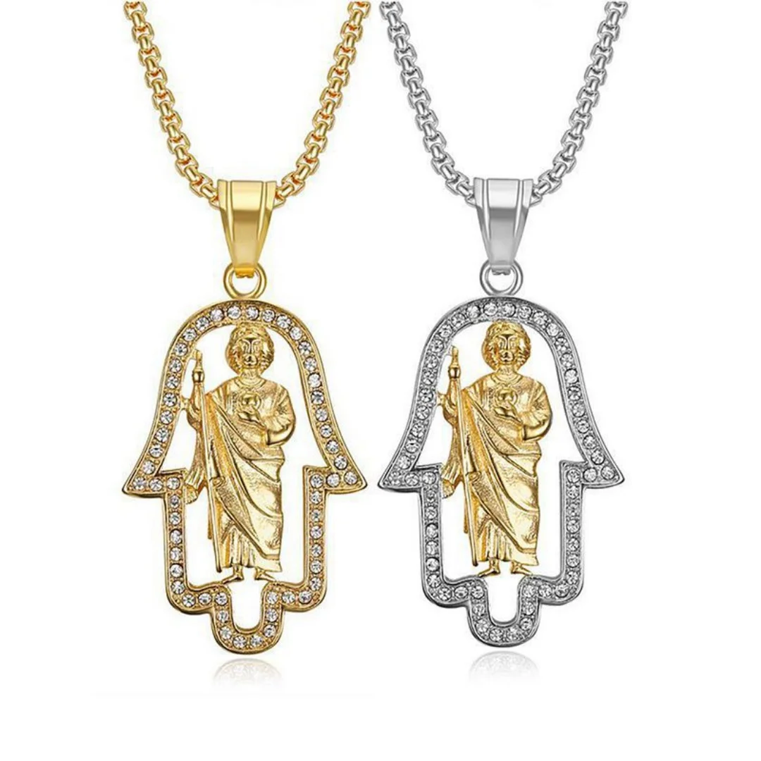 Hip Hop Saint Jude Hamsa Hand of Fatima Pendant Gold Silver Color Stainless Steel Palm Amulet Necklace for Woman Man Jewelry