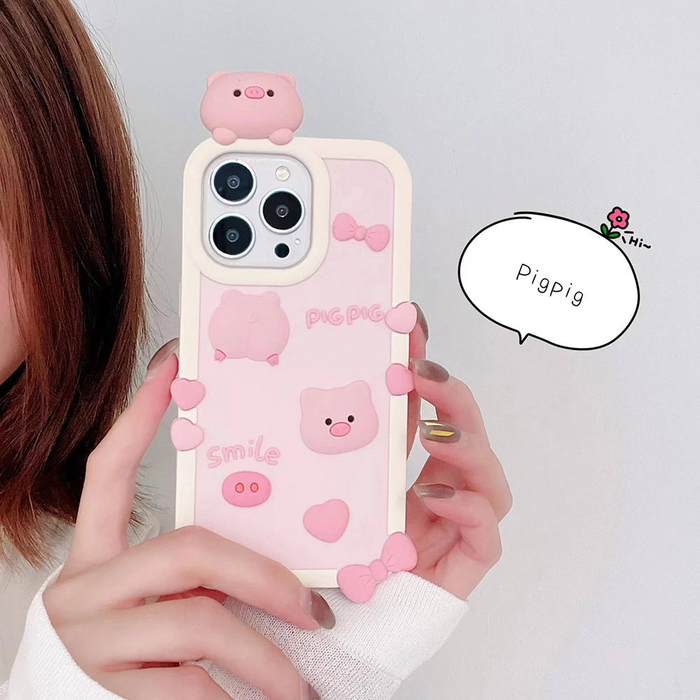 For iPhone 16 15 14 13 12 11 Pro X XS Max XR 8 7 6 6S Plus SE Cute Pink Piggy Case Soft Silicone Cover