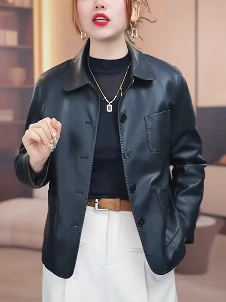 

Slimming ort Leather Jaet Casual Turn-down Collar Versatile Spring 2025 Faionable Outerwear for Younger Looking