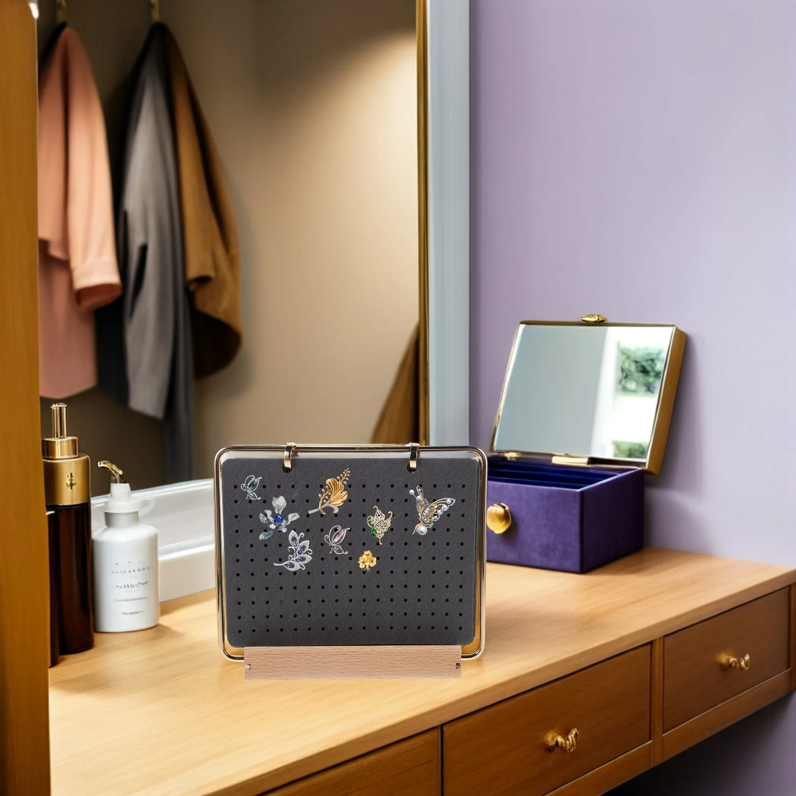 

6 Pages Felt Jewelry Organizer Brooch Pin Display Board with Wood Stand Enamel Pin Collection Storage Badge Holder Display