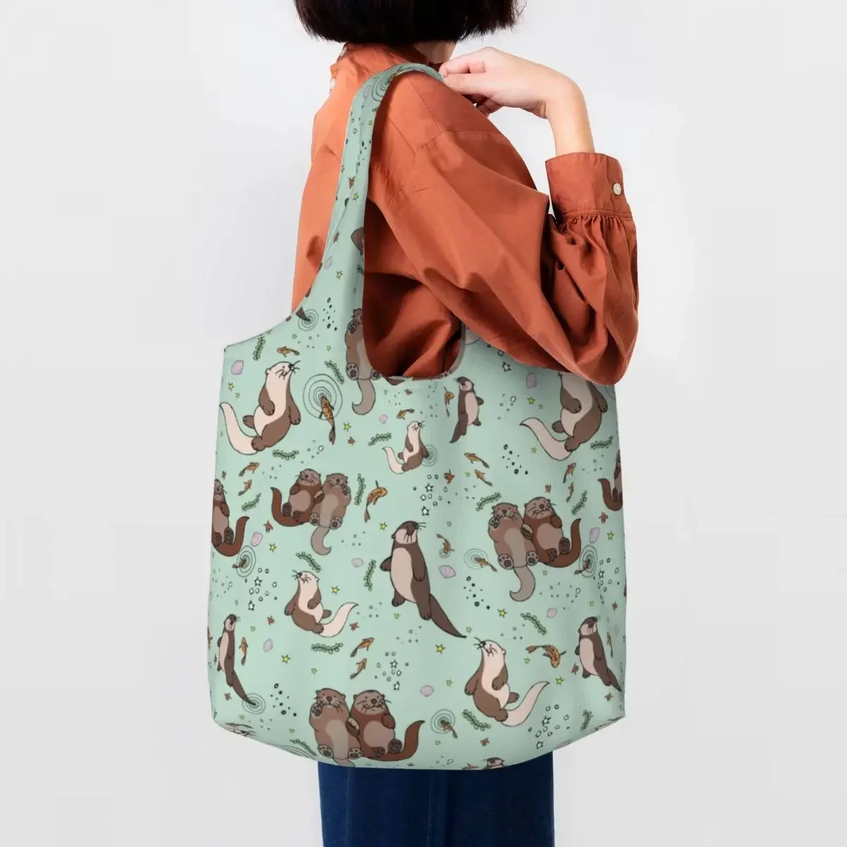 Torba na zakupy wielokrotnego użytku Cute Otter Water Ripple Women Shoulder Canvas Tote Bag Portable Pet Animal Grocery Shopper Bags Handbag