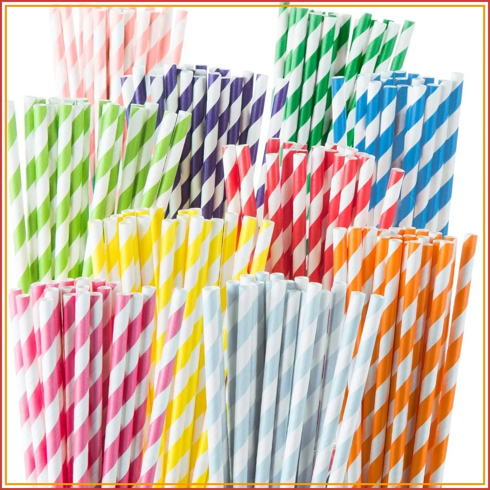 200 Pack Striped Paper Straws - Biodegradable, Non-Soggy, 10 Colors for Parties