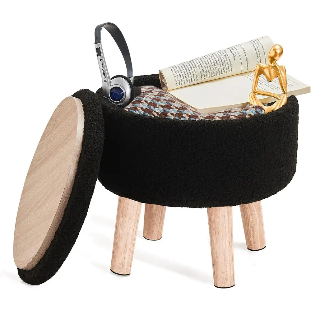 

Маленький пуф-оттоманка с местом для хранения, небольшой пуф-оттоманка с деревянными ножками, пуф-оттоманка из шерпы для отдыха или как диван, для гостиной и спальни - черный