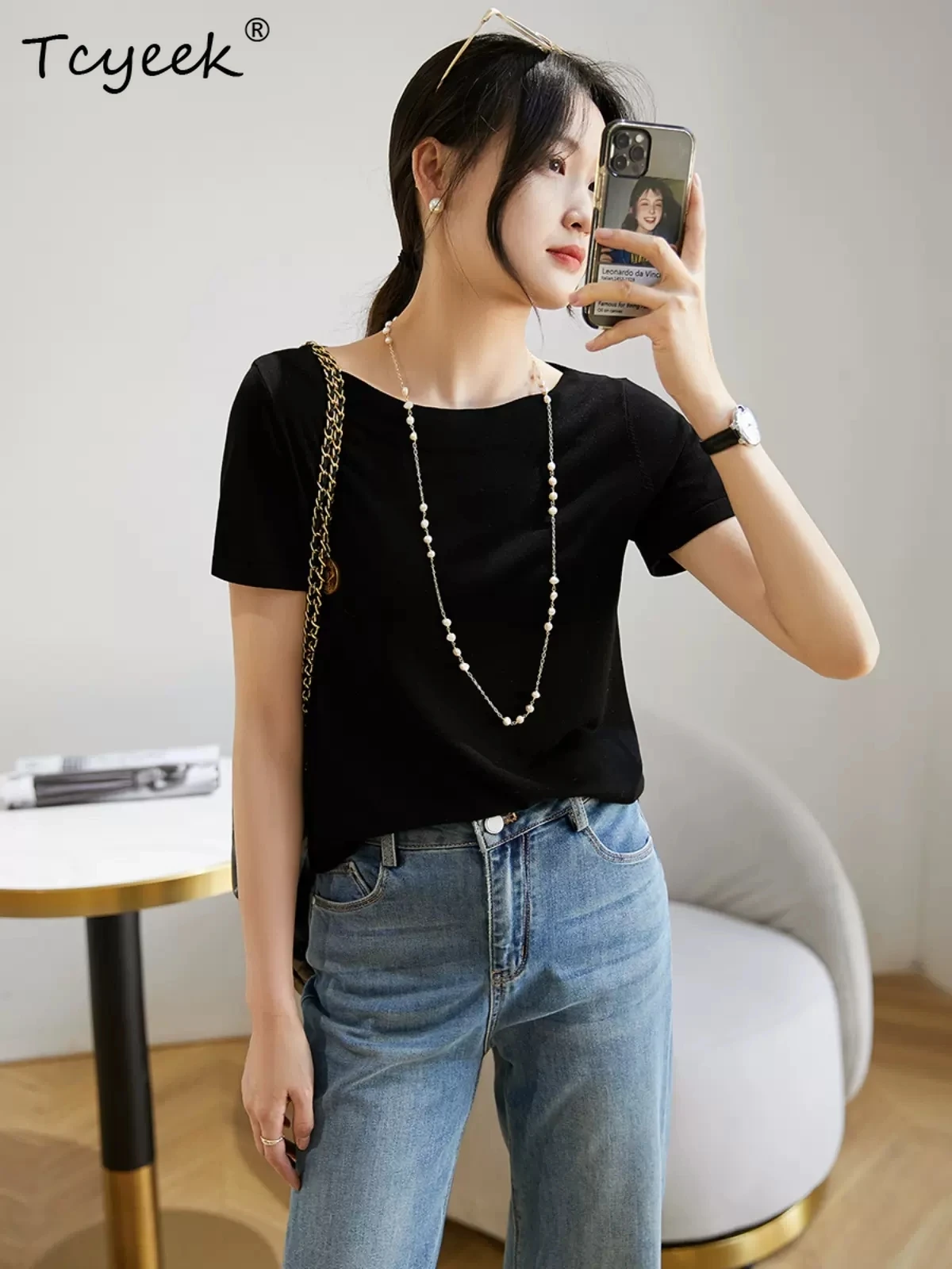 

Tcyeek Lyocell Mulberry Silk Elegant T-Shirt, Women's Short Sleeve Slash Neck, Elegant Basic Top, 2024 Spring Summer T42823QM