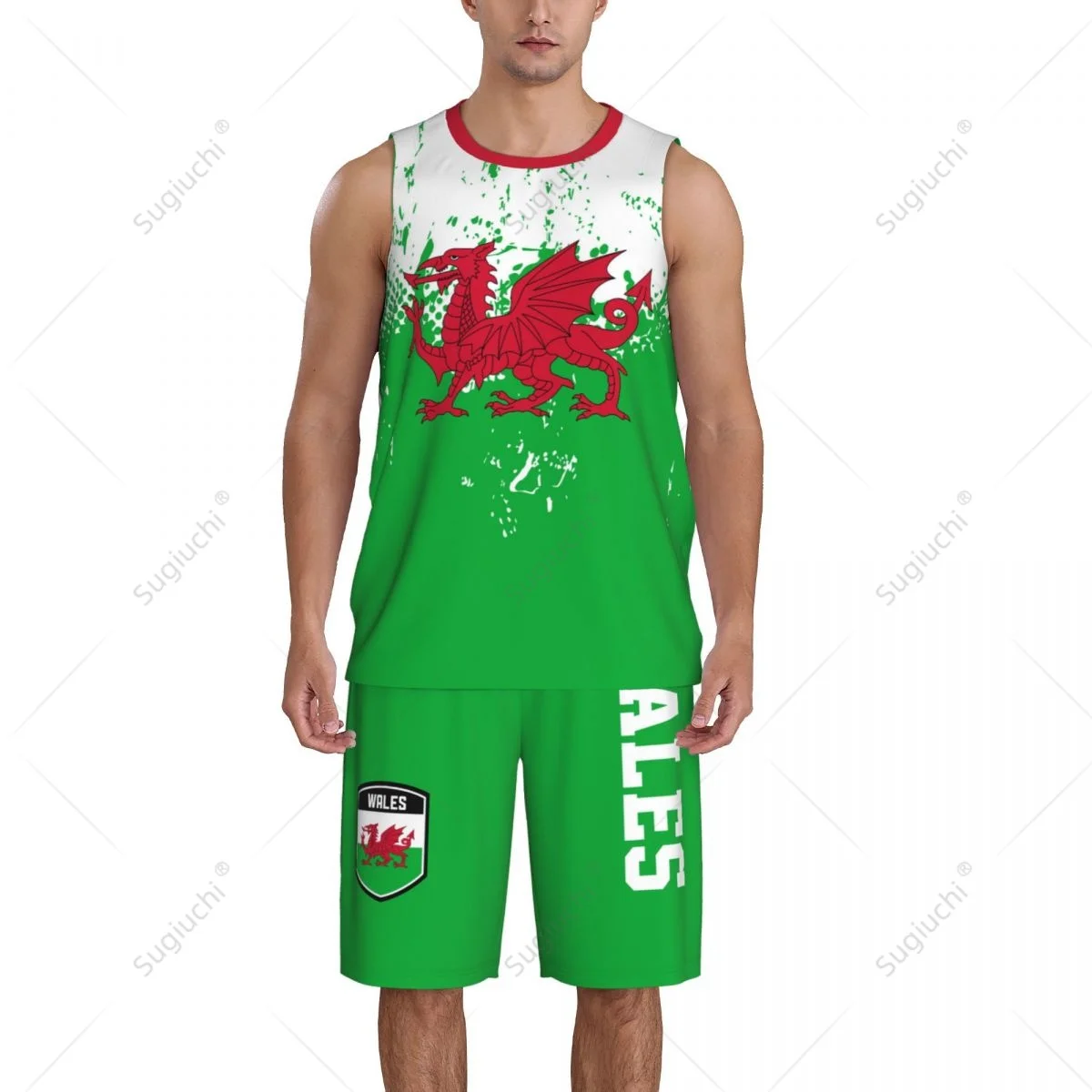 Team-Up Wales Vlag Graan Heren Basketbal Jersey Set Shirt & Broek Mouwloze Aangepaste Naam Nunber Exclusief