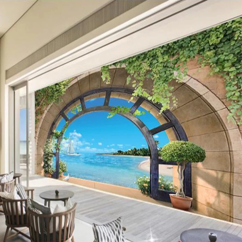 Customized European Balcony Seaside Landscape 3D Mural Wallpaper Living room sofa TV background wall bedroom restaurant sailboat