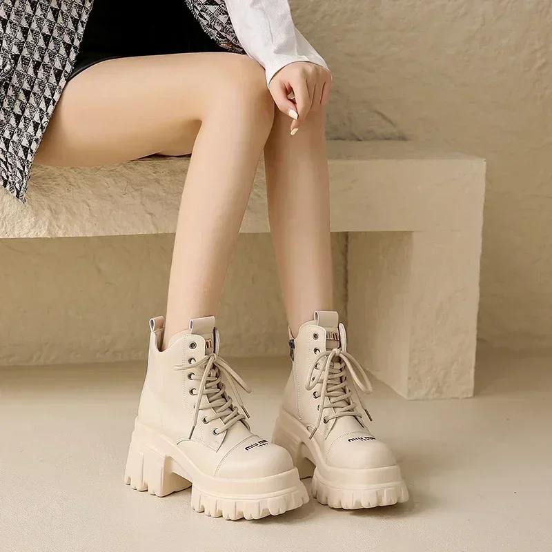 Autumn Women High Platform Ankle Boots Winter Thick Sole Motorcycle Boots 9.5CM Heels Chunky Metal Short Leather Sneakers Woman