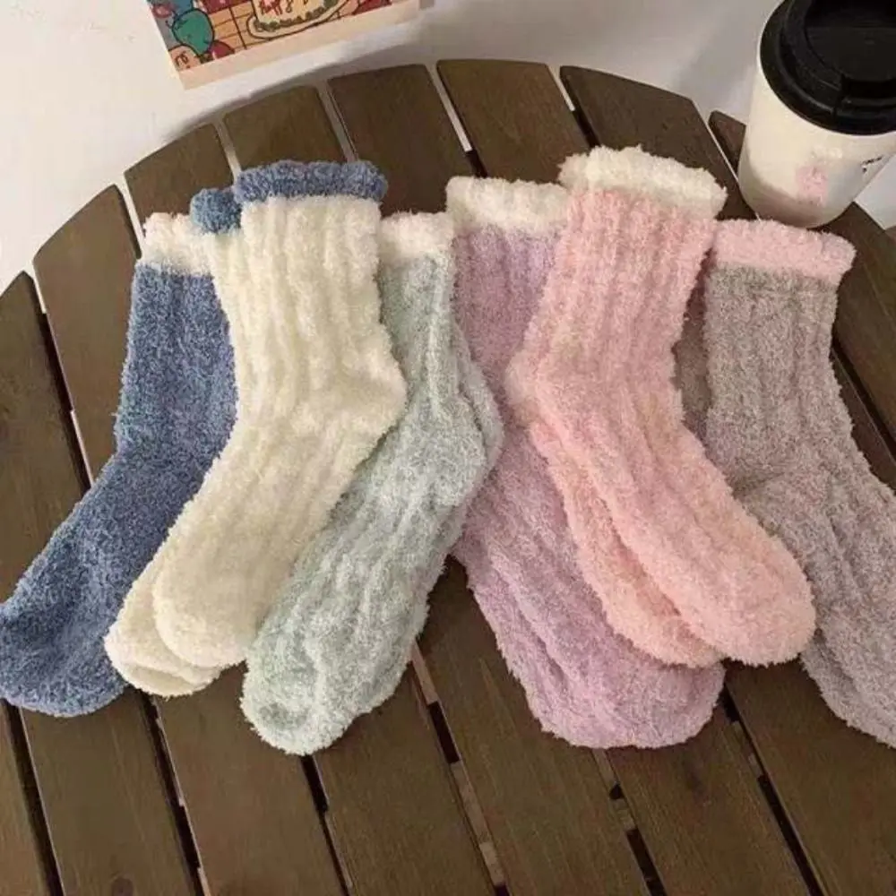 

6Pairs Sweet Plush Solid Fleece Socks Warm Thicken Coral Fleece Socks Kawaii Hosiery Winter Floor Socks Fall Winter