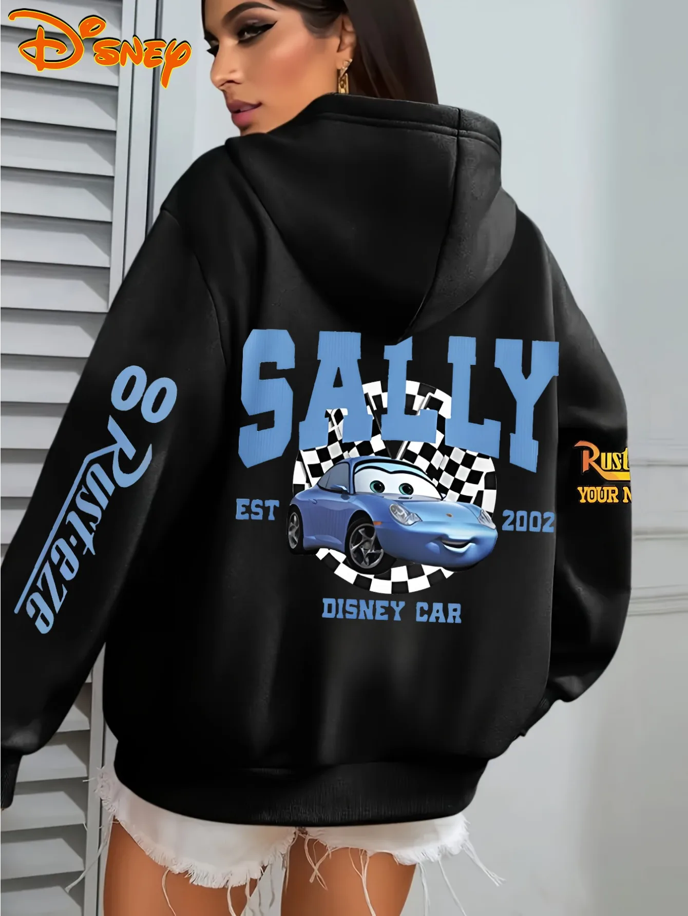 

Толстовка унисекс Disney Cars из хлопка и флиса, черный цвет, синий гоночный автомобиль с клетчатыми флагами, рукавами, текстом, большой принт на спине, свободная посадка ​