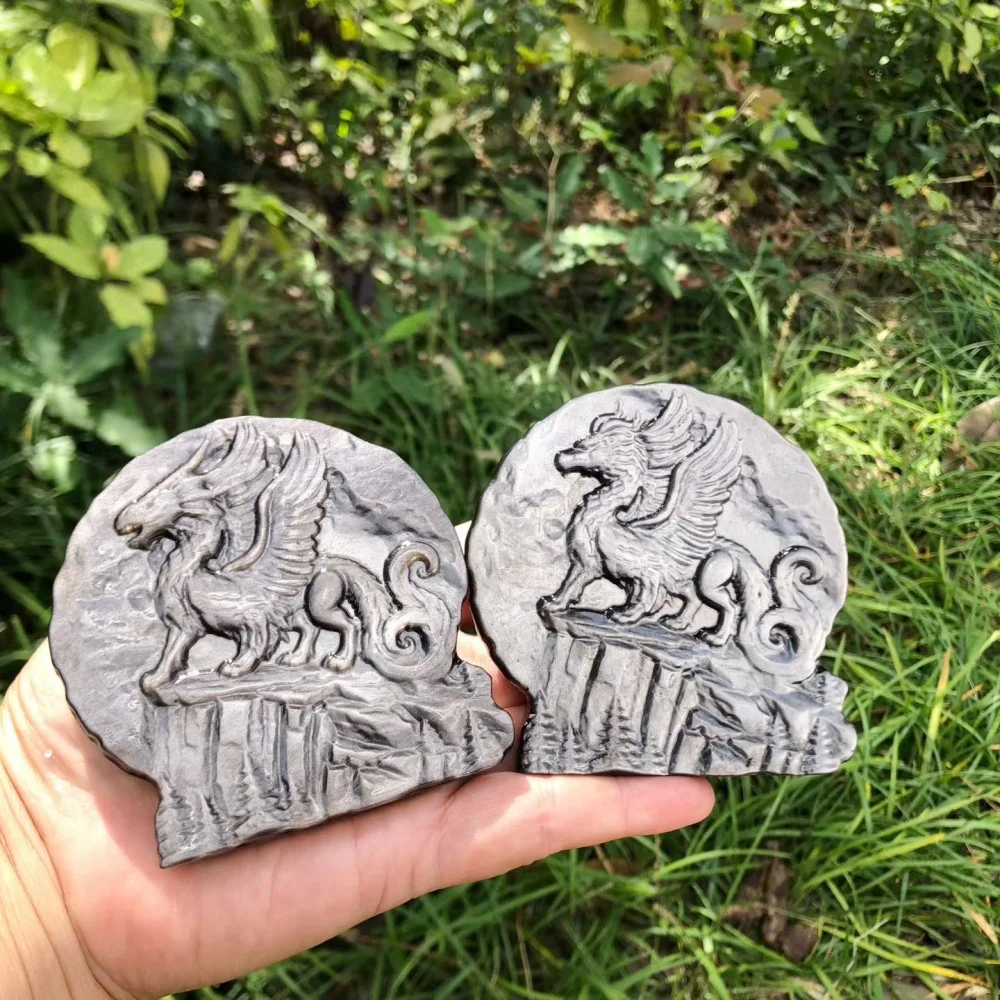 Natural Silver Obsidian Griffin Slab Figurine, Winged Lion Moon Mountain Relief Statue, Crystal Stone Ornament Decoration Craft