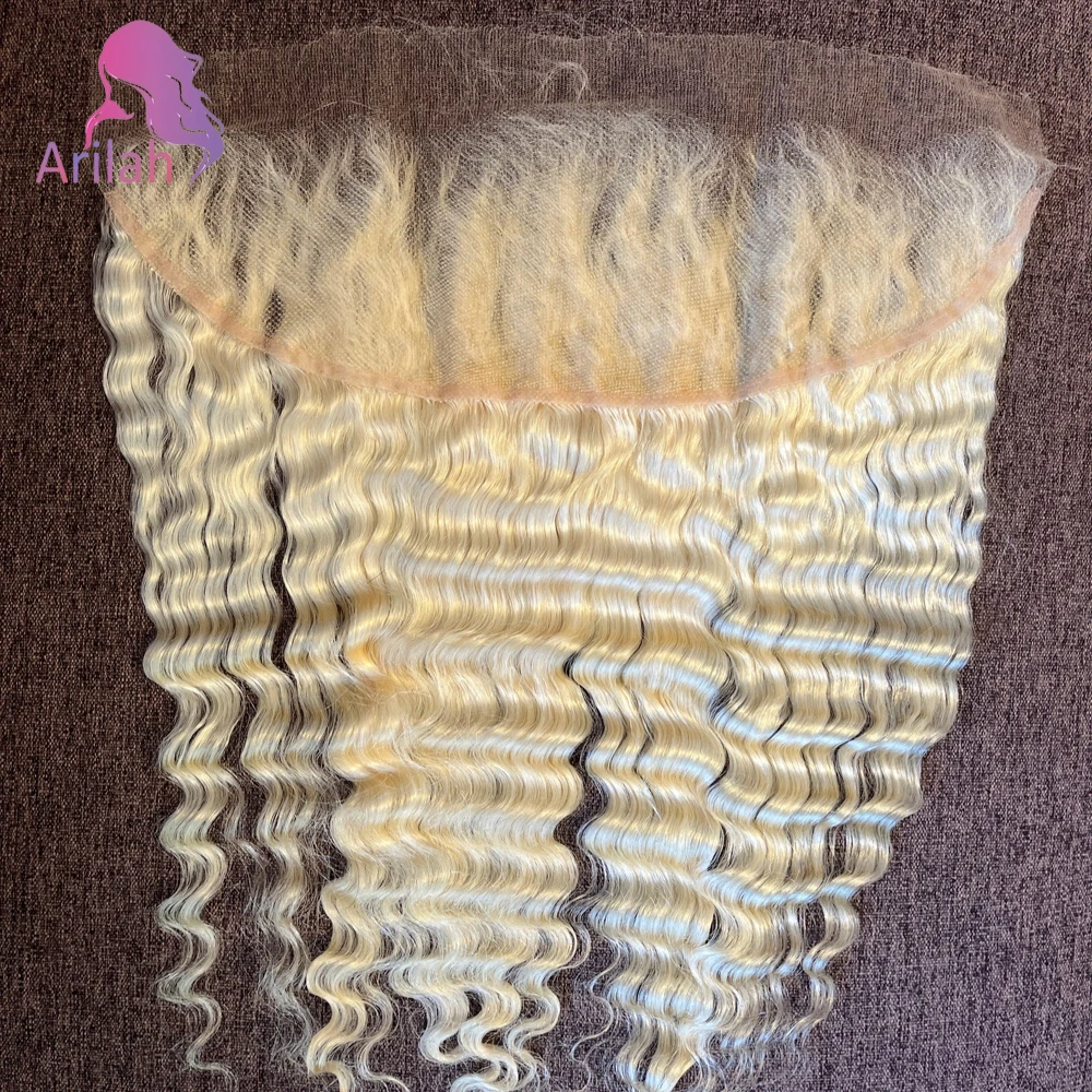 12A Grado 613 Rubio 13x4 Onda profunda Cabello humano Frontal de encaje Pre-arrancado 150% Densidad Cabello virgen brasileño de extremo completo