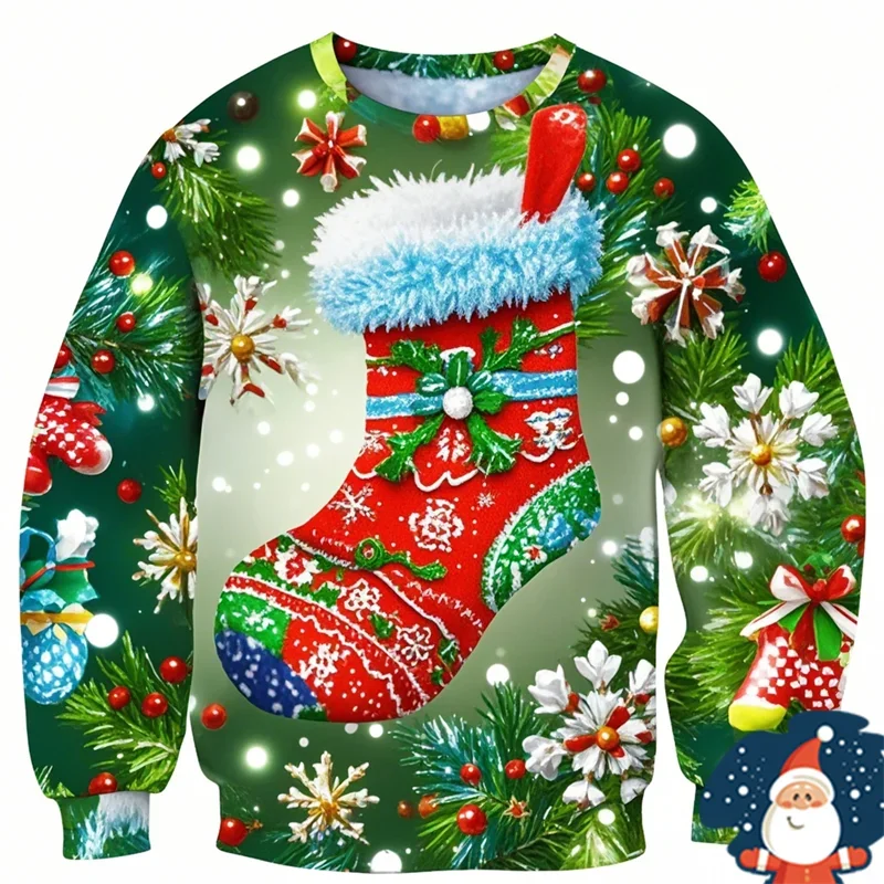 New Christmas Stocking 3D Printed O-Collar Hoodie 2025 Hot Selling Funny Men's Christmas Gift Ugly Sweater Oversized Womens Tops