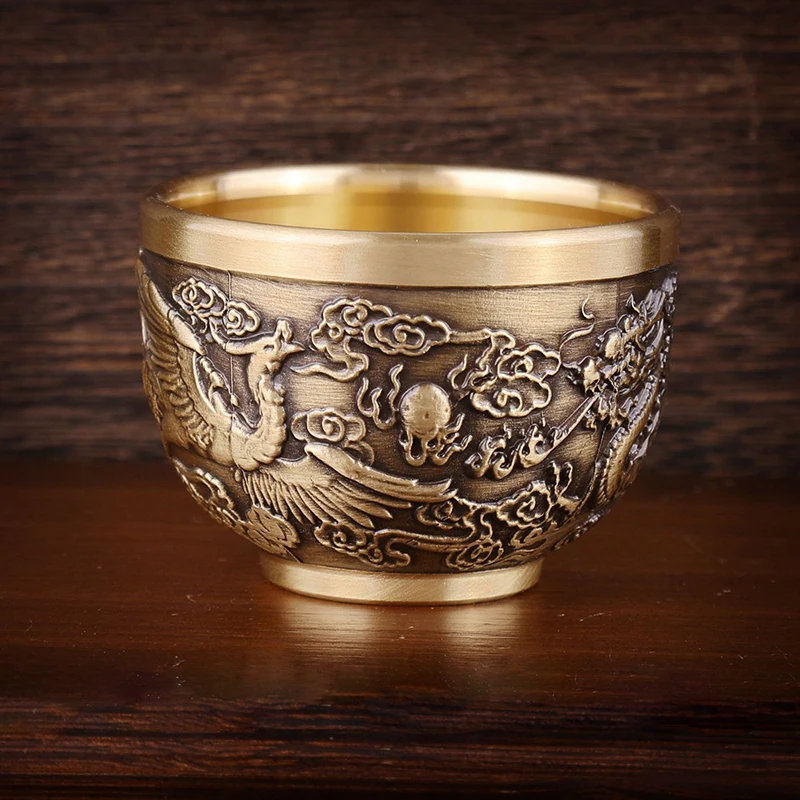 

Good Luck Phoenix Cylinder Ornament Traditional Hand Carved Brass Drinking Cup Pure Brass Brass Feng Shui Bowl Lucky Ornament
