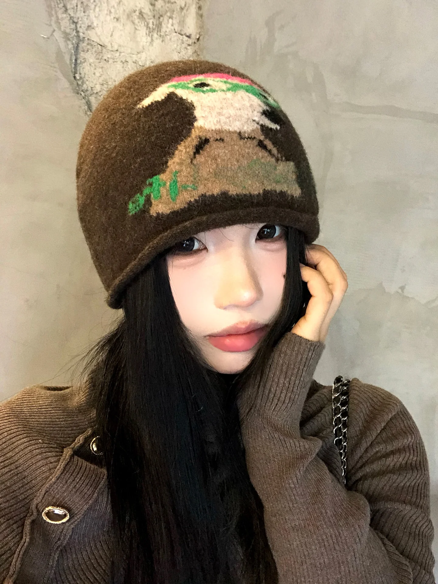 Cute Cartoon Dog Ear Warmer Knitted Woolen Hat Women's Large Head Size Lazy Style Autumn New Style Casual round Top Cap